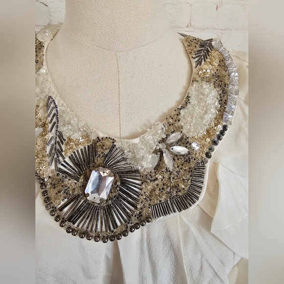 Hannah Jo Silk Top w/ Removable Intricate Bib Necklace | Cream | Small | EUC - Picture 2 of 10